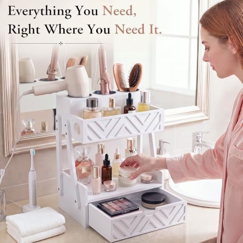 Hair Tool Organizer with Drawer 2 Tier Bathroom Countertop Organizer, White - Image 3
