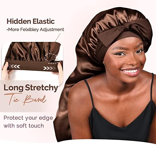 YANIBEST Silk Feeling Bonnet for Sleeping Braid Bonnet for Long Hair Brown - Image 3
