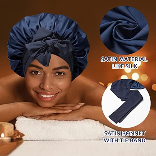 AWAYTR Wide Band Satin Bonnet, Tie-Band Sleep Cap for Curly Hair Women Navy - Image 2
