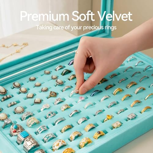 Frebeauty 100 Slots Ring Organizer Tray,Velvet Ring Box with Clear Lid - Image 5