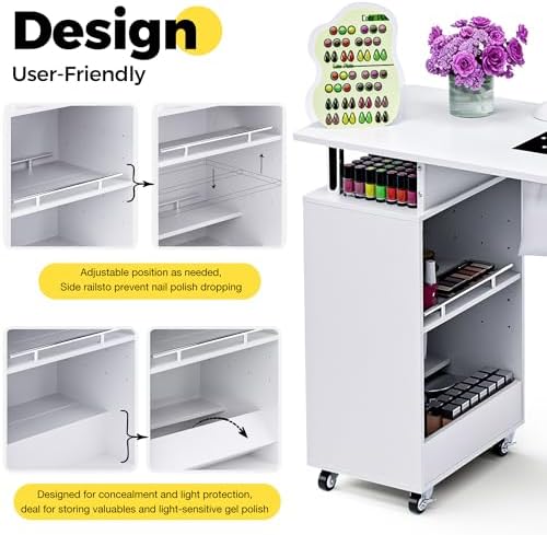 Manicure Table Nail Desk with Dust Collector & Wheels (White) - Image 5