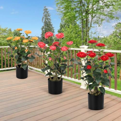 Romantic Season 2FT Red Artificial Camellia Tree 2Pack, Faux Camellia Plant Fake Potted Camellia Flower Tree for Modern Home Office Living Room Floor Décor - Image 7