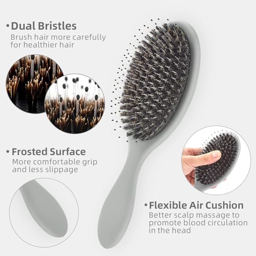 Boar Bristles Hair Brush for Women and Men, Detangling Hair Brush for Smoothing Massage Add Shine, Nylon&Boar Bristles Detangler brush for Hair Healthy (1 Pack-Grey) - Image 3