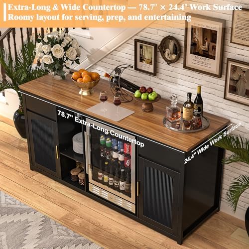 GDLF 78.7" Home Bar Cabinet with Fridge Space, Fluted Wine Liquor Bar,Black - Image 4