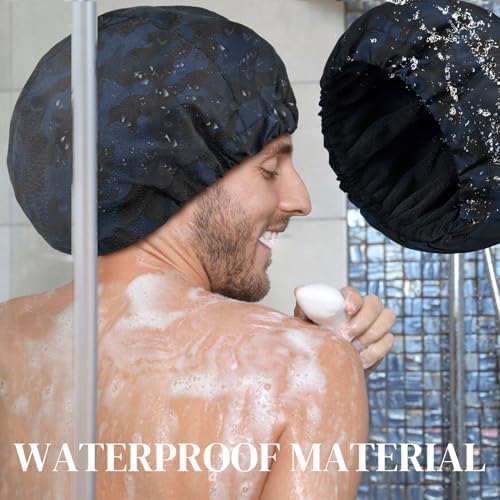 Shower Cap for Men Blue Camouflage Bath Cap, Reversible Large Waterproof Adjustable Shower Caps Terry Lining & Elastic Band Stretch Hem Hair Hat - Image 3