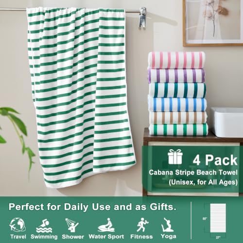 JML Microfiber Beach Towels, 4 Pack, 27" x 55", Cabana Stripe Green - Image 2