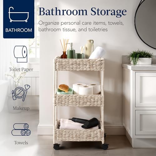 Best Choice Products 3-Tier Water Hyacinth Rolling Nursery Caddy w/Wheels, Utility Cart, Storage Organization for Bathroom, Craft Room, Laundry Room - Whitewash - Image 5