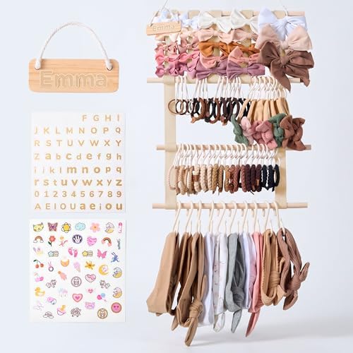 Bow Holder for Girls Hair Bows, Hair Bow Organizer, Headband Holders, Hanger Wall, Clip Organizer, Ribbon Storage for BabyGirl Nursery Wall Decor - Nametag, XXL Hooks, Stickers included - Beige by SoCalButtercup