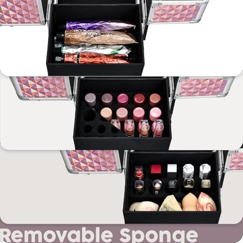 Rolling Makeup Case with Drawer Cosmetology Case on Wheels Makeup Trolley Sliding Drawer Makeup Travel Case for Esthetician, Mobile Stylist, Manicurist Barber Case Traveling Cart Trunk Glitter Pink - Image 4