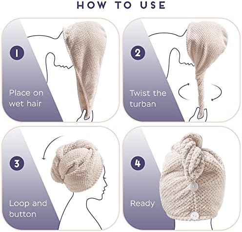 SimpleField 2 Pack Microfiber Hair Towel Wrap for Women, Anti Frizz Quick Drying Hair Turban for All Hair Style, Absorbent and Lightweight (Beige + Grey) - Image 6