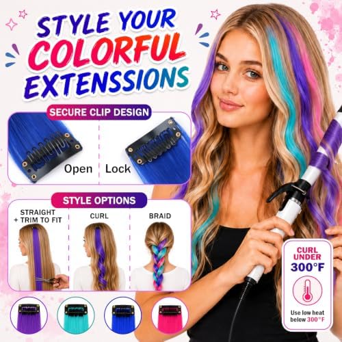 Jim&Gloria Dustless Hair Chalk for Girls Washable with Clip in Hair Extensions, Brushes and Glitters, Temporary Color Dye, Gifts for Teen Girl Trendy Stuff, Teenage 7 8 9 10 11 12 13 14 Year Old - Image 4