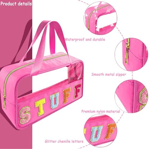 Bunliuys Chenille Letter Clear Makeup Bag Stuff Patch, Travel Toiletry Makeup Bag with Handle, Nylon Waterproof Makeup Bags clear cosmetic bag, preppy patch makeup bag for Women (STUFF-Hot Pink) - Image 3