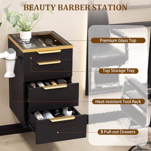 OmySalon Salon Station, Wall Mount Salon Stations for Hair Stylist, Barber Cabinet with Glass Top, Drawers & Dryer Holder, Storage Furniture for Barbershop, Beauty SPA, Black - Image 6