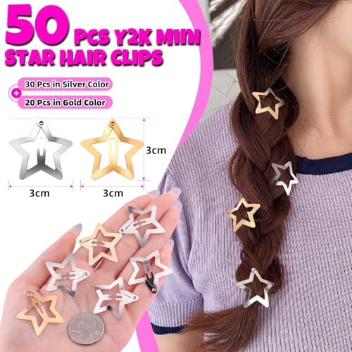 50 PCS Gold Silver Star Hair Clips Barrettes, 1.18 Inch Snap Y2K Hair Clips - Image 2