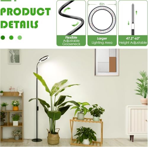 LBW Grow Light with Stand for Indoor Plants, 8" Halo Full Spectrum Grow Light, Adjustable Height up to 68", Auto Cycle Timer (4/8/12H), 6-Level Dimmable, Plant Light for Indoor Growing - Image 5