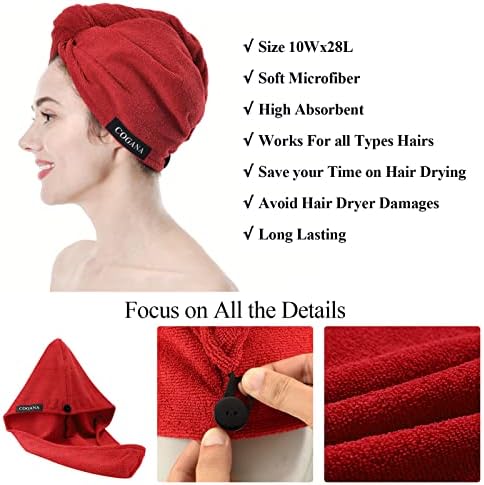 Microfiber Hair Drying Turban for Wet and Curly Hair, Wrap Towel With Button (Red, 10x28) - Image 2