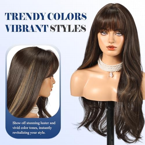 HAIRCUBE Long Brown Wig with Bangs Layered Curly Wigs for Women Natural Synthetic Wigs for Daily Use (pelucas de cabello natural) - Image 4