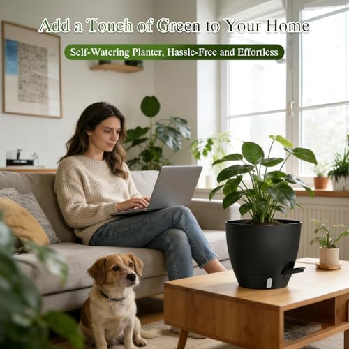 Self Watering Pots with Drainage Holes, 2 Pack 8 Inch Plant Pots with Water Level Indicator Deep Reservoir, Large Plastic Planter for Indoor Outdoor Plants - Black - Image 6
