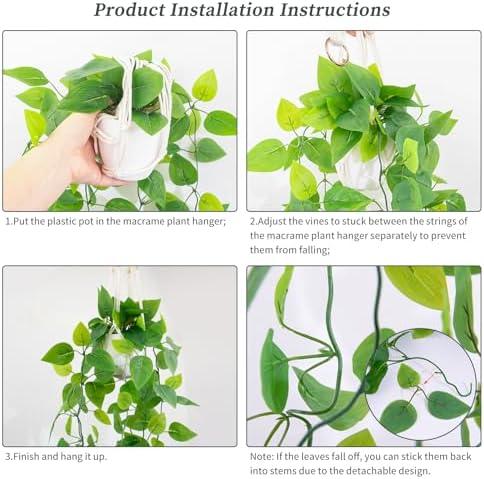 LOYWREE 2 Pack Artificial Hanging Plant Kit with Pot and Hanger - 39" Long Fake Pothos Vines - Hanging Potted Faux Plant Indoor for Wall Ceiling Bedroom Bathroom Living Room Home Decor (White Pot) - Image 3