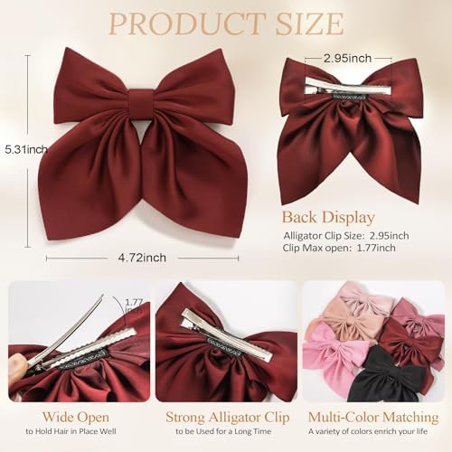 Seiolieliou 6Pcs Hair Bows for Women, Silky Satin Bow Hair Clips for Girls - Image 4