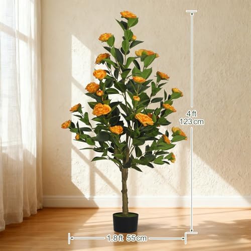 2-Pack 4FT Artificial Camellia Tree,Realistic Fake Potted Plants with Flowers&Planters,Indoor/Outdoor Faux Flowering Trees for Home,Office,Porch,Wedding,and Housewarming Gift Decor,Orange - Image 2
