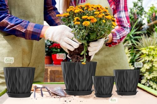 4/4.5/5/5.5/6/6.5/7 Inch Plant Pots,7 Pack Flower Pots with Drainage Holes and Trays,Plastic Planters for Indoor Outdoor Plants Growth,Black - Image 6