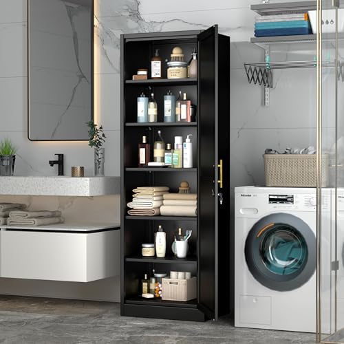 Tall Metal Narrow Bathroom Storage Locker Cabinet 67" H, Black Kitchen Pantry Cabinets,File Cabinet Organizer with 5 Adjustable Shelves and Lockable Doors for Kitchen Home Office Living Dining Room - Image 3