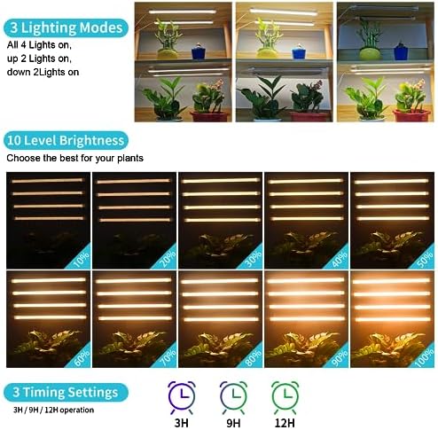 Hywyimlait LED Grow Light Strips for Indoor Plants Full Spectrum 3500K, 192 LEDs Plant Light Bar with 3/9/12H Timer, 10 Dimmable Levels for Seedling Succulent, 13 Inches, 4 Head - Image 2