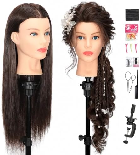 Mannequin Head Human Hair- Cosmetology Manikin Doll Head with 80% Real Hair for Kids Hairdresser Practice Styling Braiding & Free Clamp Holder (Black Brown) by Firstwon