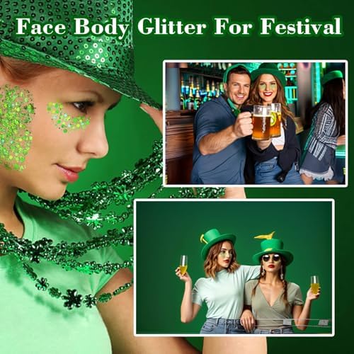 MEICOLY Lime Green Body Glitter for Halloween St Patricks Day, Holographic Game Day Spirit Day Face Glitter,Self-Adhesive Light Green Hair Glitter,Chunky Glitter Face Paint for Party Festival - Image 2