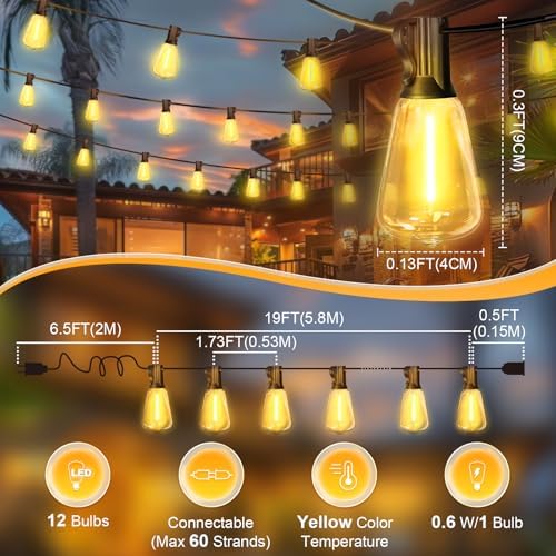 LAMPHOME 26Ft ST38 Outdoor String Lights, Yellow Patio Lights with 12+1 ST38 Edison Bulbs, LED Shatterproof String Lights for Outside Bistro Christmas Patio Party Decorations - Image 3