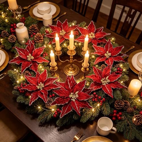 Kimura's Cabin 6Pcs Artificial Poinsettia Christmas Flowers Set,Burgundy - Image 7