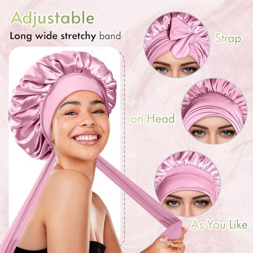 BONNET QUEEN Reversible Silk Satin Sleeping Bonnet for Women Double Layer Adjustable Curly Braids Wig Hair Night Sleep Hat Cap Tie Band M Rose - Image 4