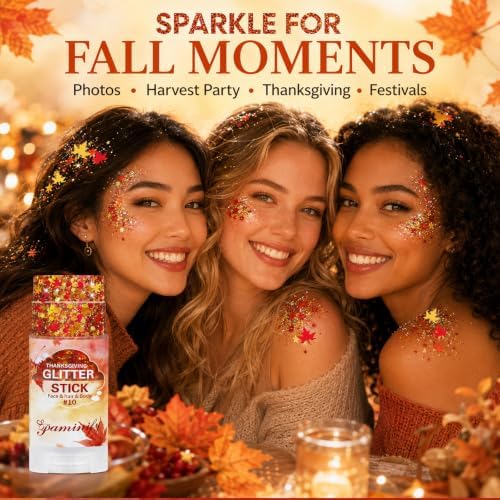 Orange Fall Leaf Thanksgiving Hair Face Glitter Stick,Orange Red and Gold Fall Body Glitter Stick,Autumn Holographic Mixed Color Maple Leaf for Thanksgiving Party Chunky Glitter Makeup - Image 5