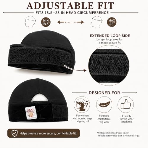 2 Pack Wig Grip Caps for Women Non Slip, 2-in-1 Modal Wig Cap with Velvet Grip Band & Silicone Grip, Hair-Friendly Short Hook Closure, Black Glueless Wig Cap for Lace Front Wigs, Fits 18.5-23 Inch - Image 6