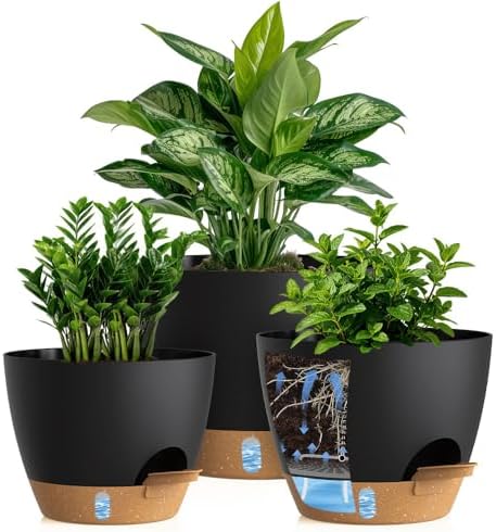 Self Watering Pots with Drainage Holes, 3 Pack 12/10/8 Inch Plant Pots with Water Level Indicator Deep Reservoir, Large Plastic Planter for Indoor Outdoor Plants - Black Brown by KUGAZ