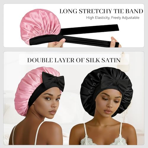 Silk Bonnet for Sleeping Satin Hair Bonnet Double Layer Adjustable Sleep Cap with Elastic Tie Band - Image 5
