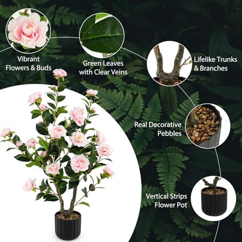 Goplus 38’’ Artificial Camellia Tree, Flower Plants Artificial Tree - Image 3