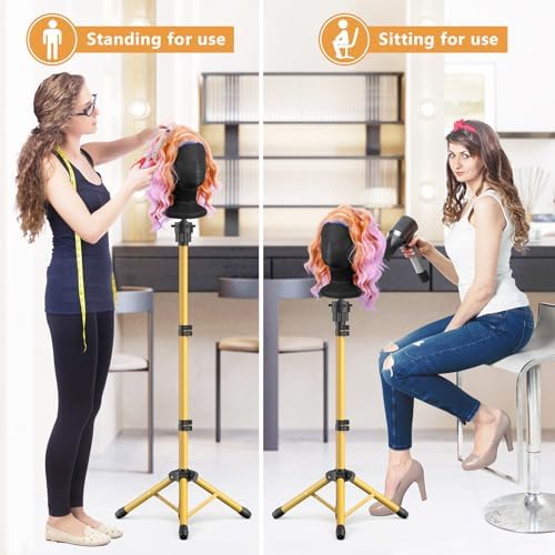 Wig Head Stand 50 Inches, Height Adjustable Tripod Wig Stand, Salon Mannequin Head Stand with Anti-Slip Base for Styling, Wig Display Barber Training, Beauty School​ (Gold) - Image 6