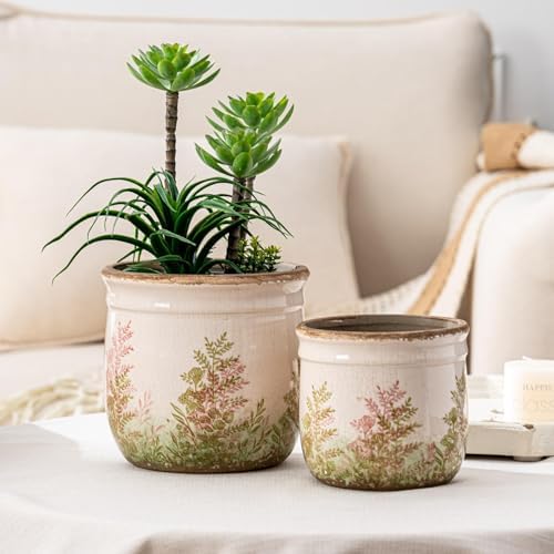 Ceramic Plant Pots Set of 2, 4.7+5.7 Inch Vintage Indoor Planters with Drainage Hole, Farmhouse Ceramic Flower Pots for Indoor Plants, Rustic Cottage Decor for Home Kitchen Garden, Pink - Image 2