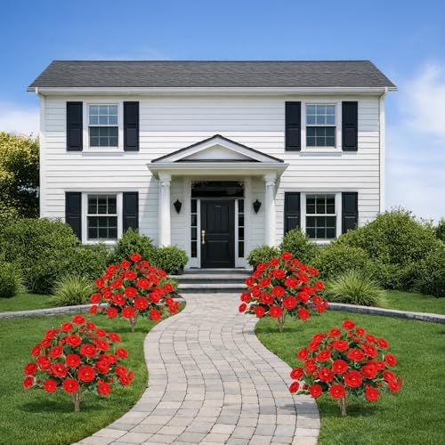 3FT Artificial Camellia Tree with Ground Spike, Full Bloom Fake Camellia Plant Outdoor, Dense Flower Artificial Trees for Front Porch Decor, Patio Garden Yard Decorations,Red,2 Pack - Image 7