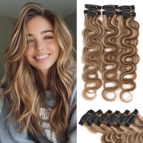 Rich Choices Clip In Hair Extension Real Human Hair-Wave/Curly 6 Pcs Single Clip Hairs Extension for Women-Invisible Mini Clips in Hairpieces-16 Inch #4P27 Medium Brown Highlighted Dark Blonde by RichChoices