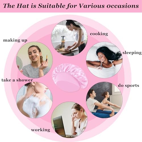 4PCS Satin Hair Bonnet for Sleeping,Bonnets for Black Women Men,Silk Bonnet for Sleeping,Hair Wrap Cap for Curly Hair,Elastic Wide Band Hair Bonnet Shower Cap (Black & Blue & Pink & Purple) - Image 5