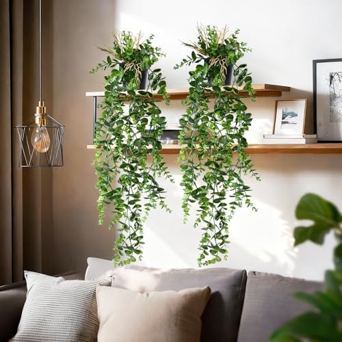 Artificial Hanging Plant 2 Pcs Faux Eucalyptus Vine Ivy Vine Faux Plant Fake Potted Greenery for Wall Living Room Home Shelf Office Bathroom Outdoor Indoor Decor (Type 2) by Yarmare