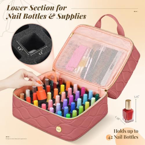 YOREPEK Nail Polish Case, Nail Organizer for 42+ Bottles, Dark Rose Pink - Image 3