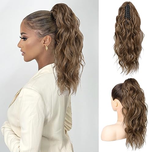 Flufymooz Ponytail Extension, 18 Inch Claw Clip Ponytail Extension, Wavy Curly Claw Clip in Ponytail Hair Extensions, Fake Ponytail Synthetic Hairpiece(Medium Brown with Medium Auburn) by Flufymooz
