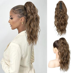 Flufymooz Ponytail Extension, 18 Inch Claw Clip Ponytail Extension, Wavy Curly Claw Clip in Ponytail Hair Extensions, Fake Ponytail Synthetic Hairpiece(Medium Brown with Medium Auburn) by Flufymooz