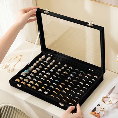 Frebeauty 100 Slots Ring Organizer Tray,Velvet Ring Box with Clear Lid - Image 2