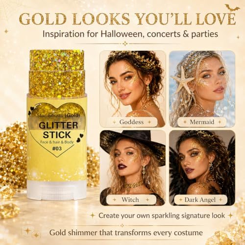 Gold Hair Glitter Stick, Yellow Face Body Glitter Makeup for Women, School Spirit Week Game Day Cheer Football Accessories, Chunky Sequins for Halloween Singer Concert Rave Festival Mardi Gras - Image 6