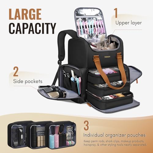 Mancro 2-Layer Hairstylist Travel Bag with 3 Separate Pouches, Black - Image 2